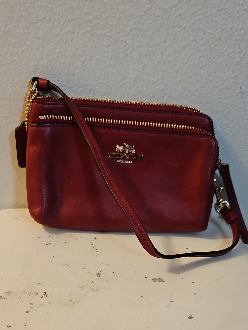 Coach Double Zip Leather Wristlet in Deep Red with Gold Hardware